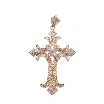 925 Sterling Silver Gold Plated Real Round-Cut Diamond Cross Charm Pendant