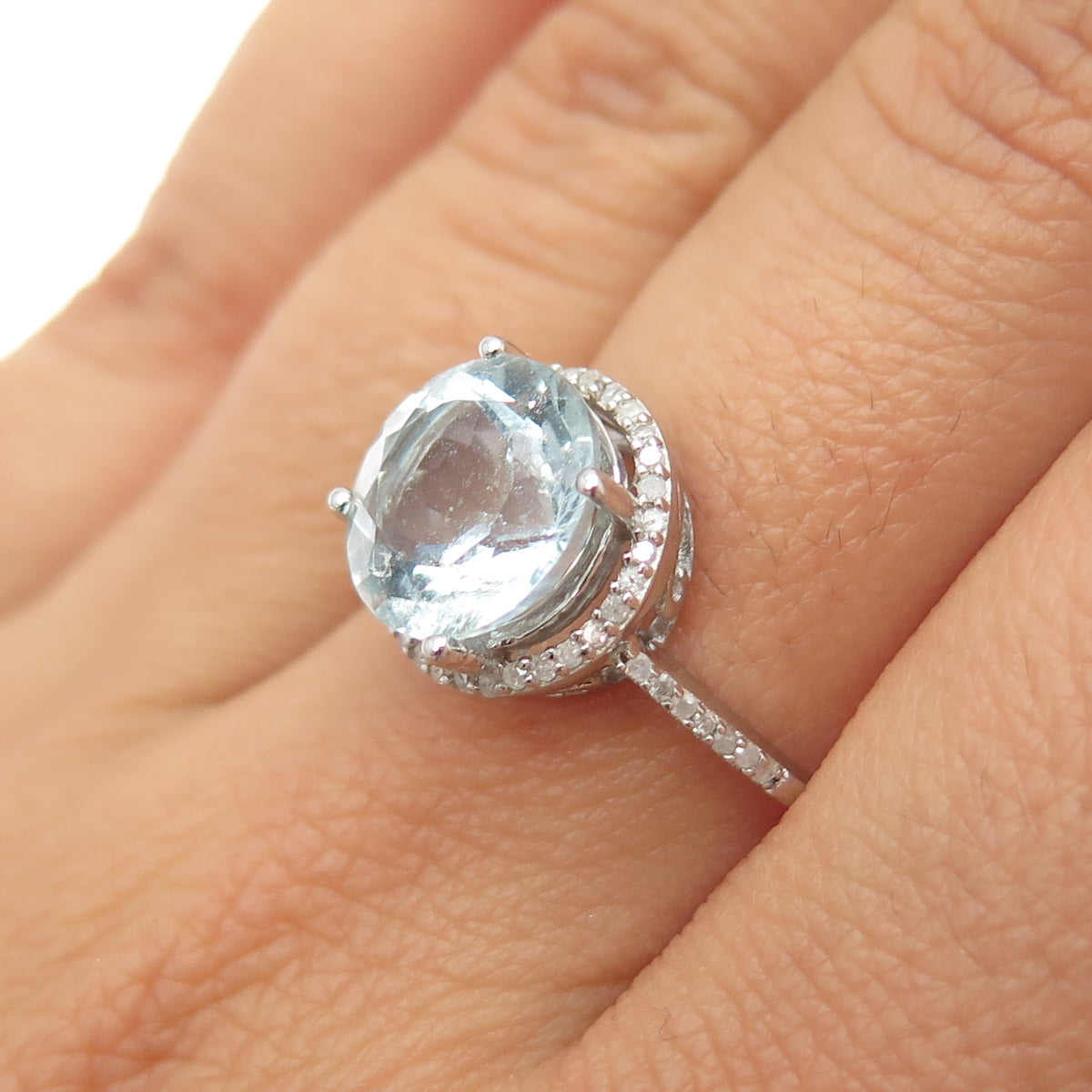 925 Sterling Silver Real Diamond Approx. 0.35ct & Aquamarine Gem Ring Size 7