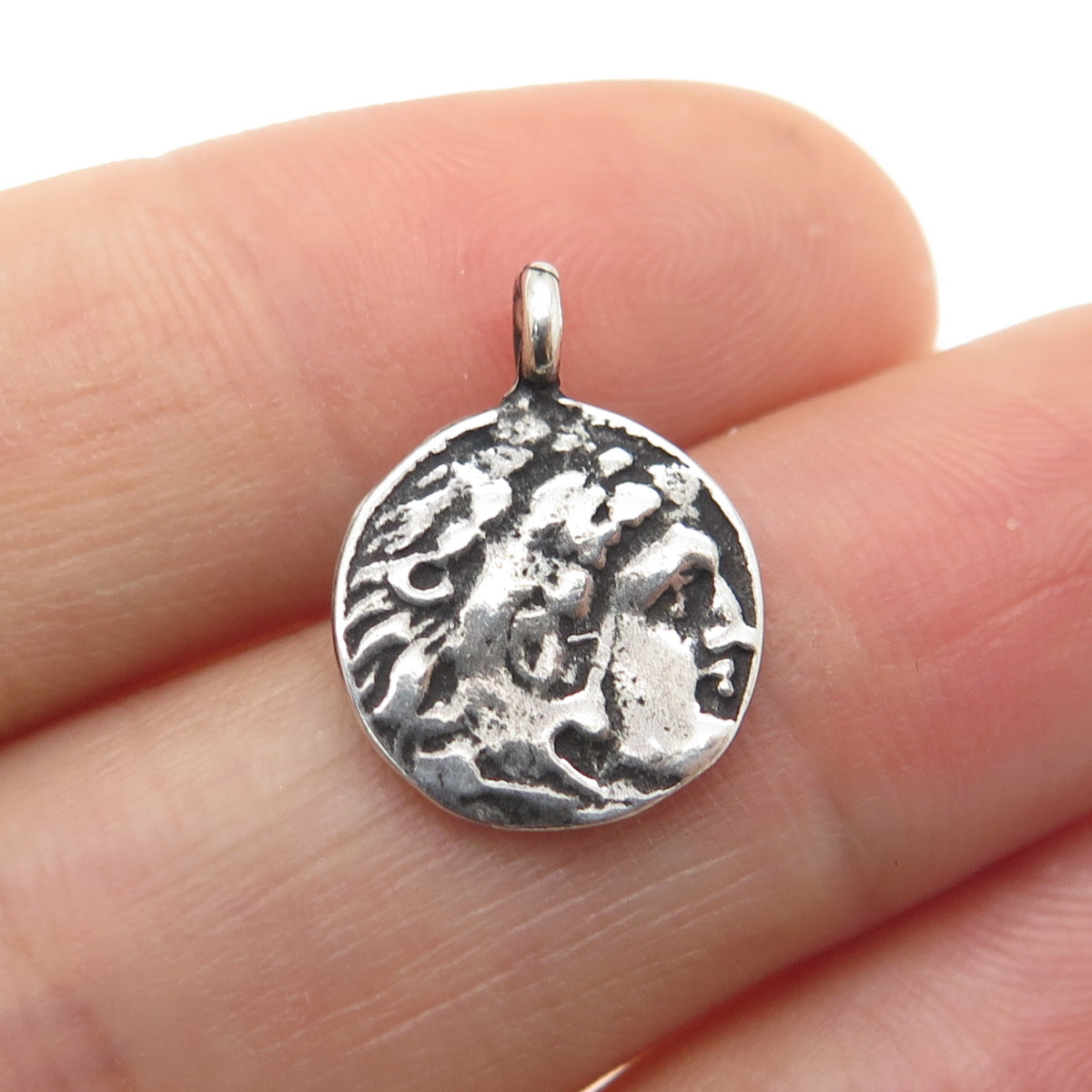 925 Sterling Silver Vintage Alexander The Great Coin Oxidized Minimalist Pendant