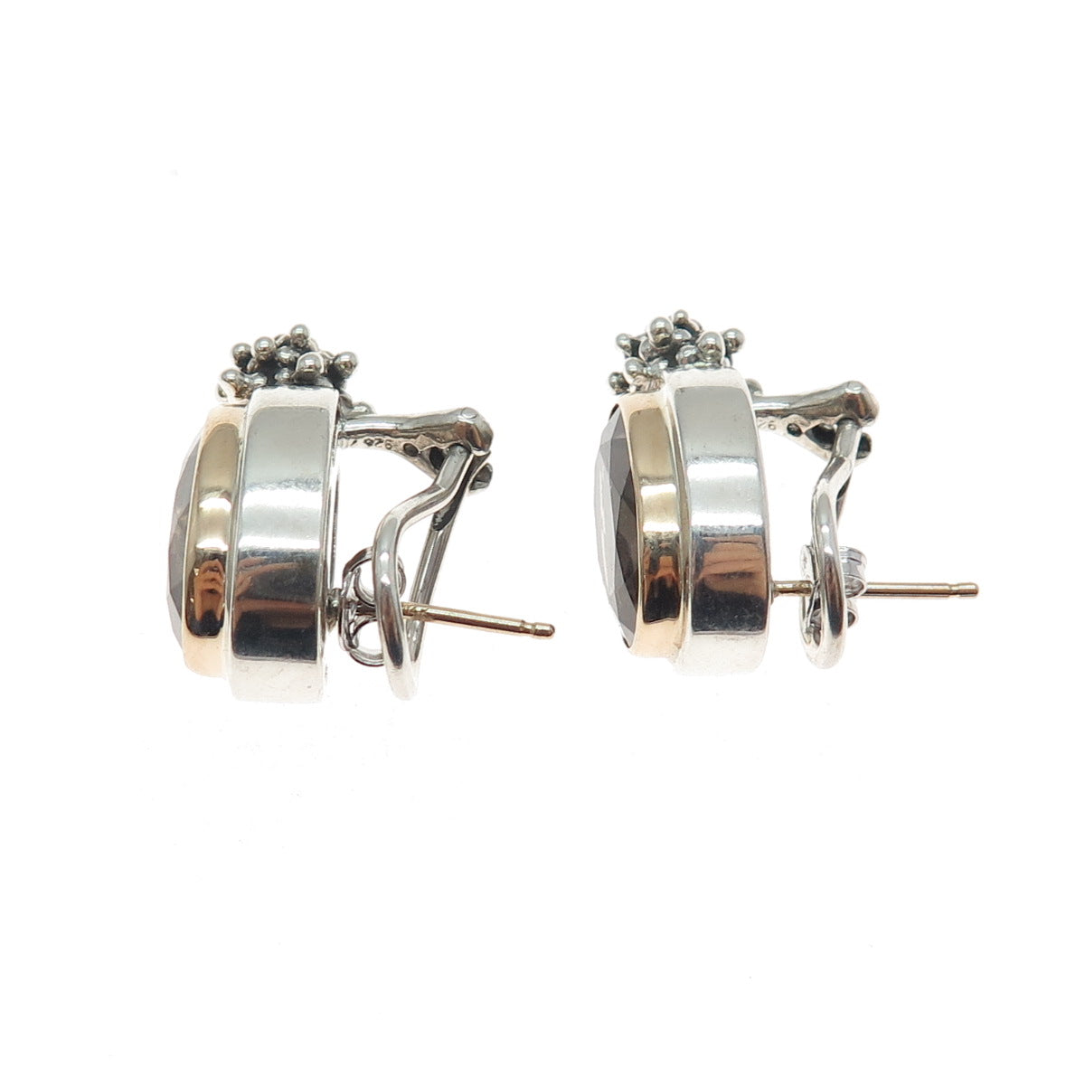 925 Sterling Silver 14K Gold Real Smoky Quartz Beaded Omega Back Earrings