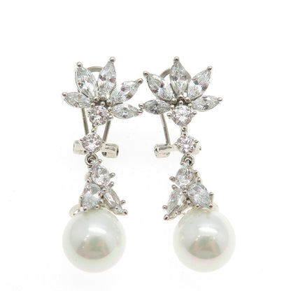 925 Sterling Silver Multi-Cut C Z & Faux Pearl Bohemian Omega Back Earrings