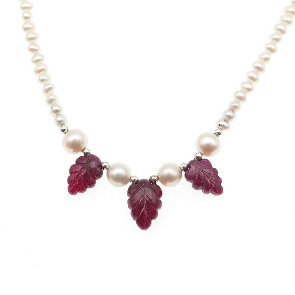 925 Sterling Silver Vintage Real Pearl & Ruby Floral Beaded Necklace 16-18"