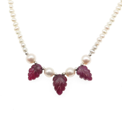925 Sterling Silver Vintage Real Pearl & Ruby Floral Beaded Necklace 16-18"