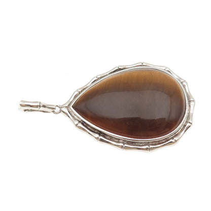 925 Sterling Silver Vintage Real Tiger Eye Bamboo Teardrop Pendant