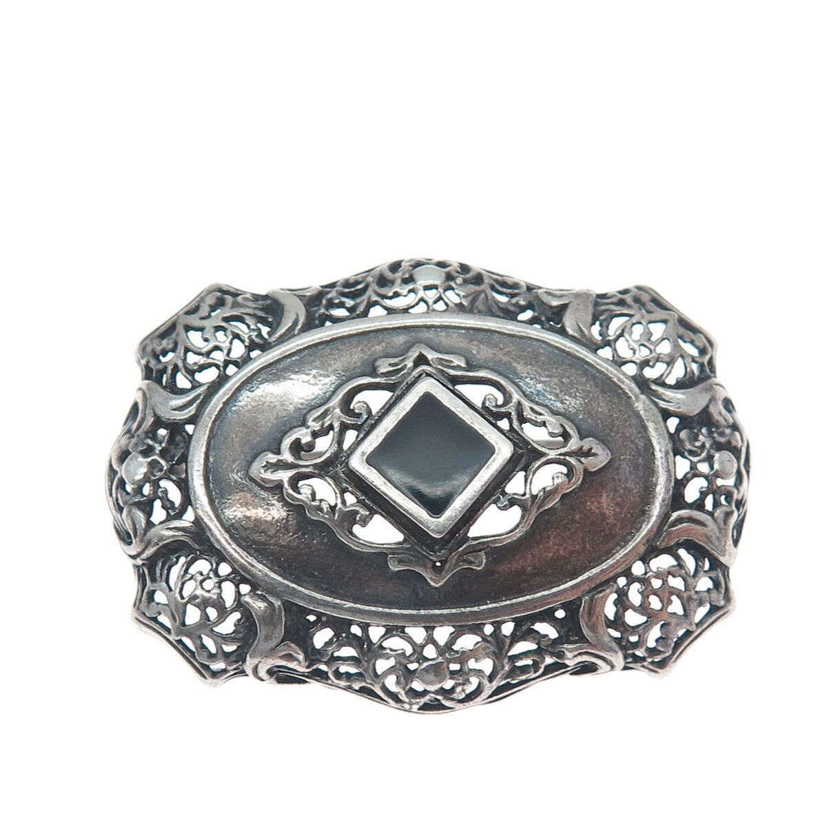 925 Sterling Silver Vintage Real Black Onyx Floral Oxidized Pin Brooch