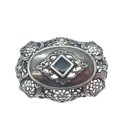 925 Sterling Silver Vintage Real Black Onyx Floral Oxidized Pin Brooch