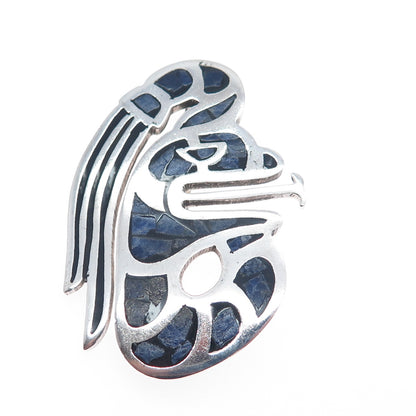 925 Sterling Silver Vintage Mexico Real Sodalite Aztec God Pin Brooch / Pendant