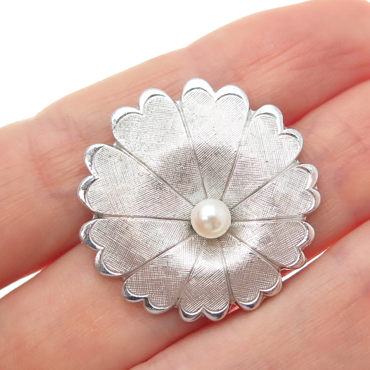 925 Sterling Silver Vintage Real Pearl Flower Pin Brooch
