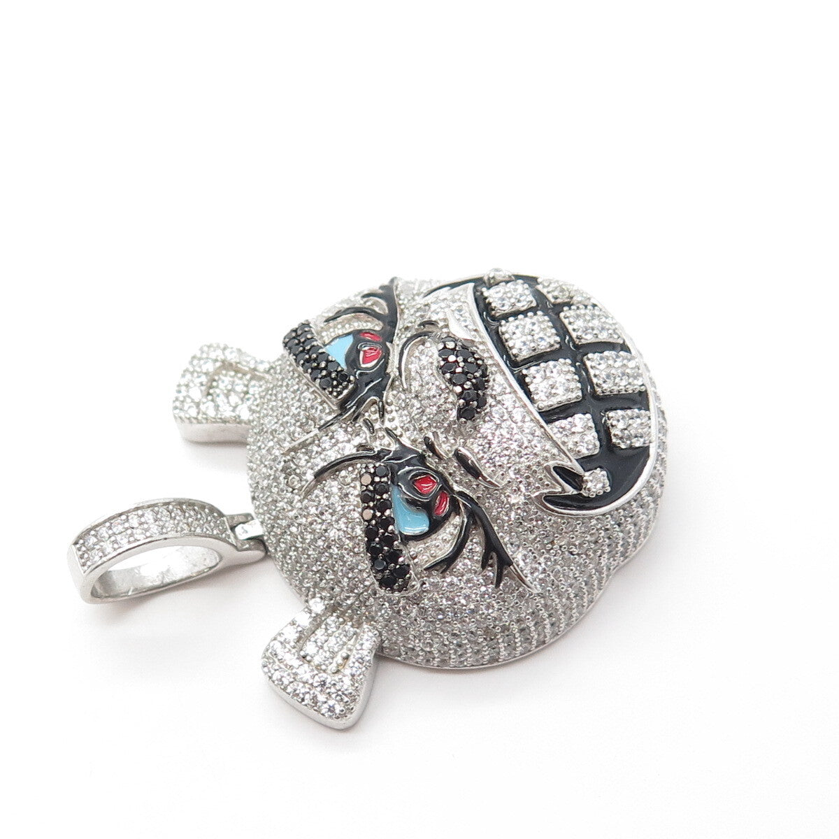 925 Sterling Silver REL Real Black Spinel Gemstone Enamel C Z Cartoon Pendant