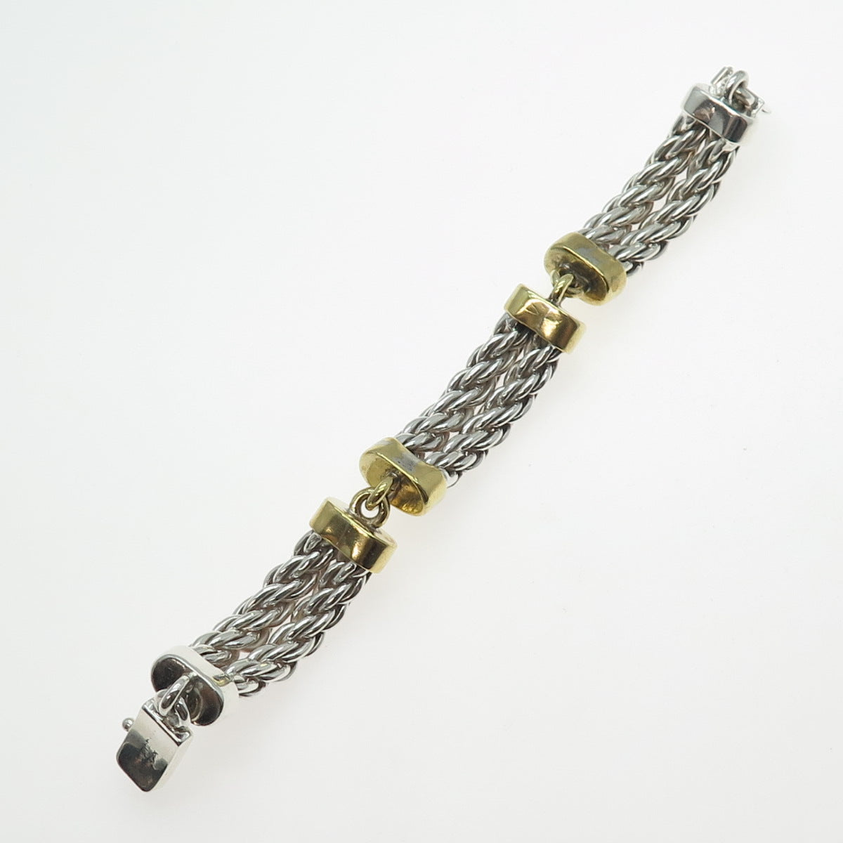 925 Sterling Silver & Brass Vintage Mexico Twisted Rope Panel Link Bracelet 7"