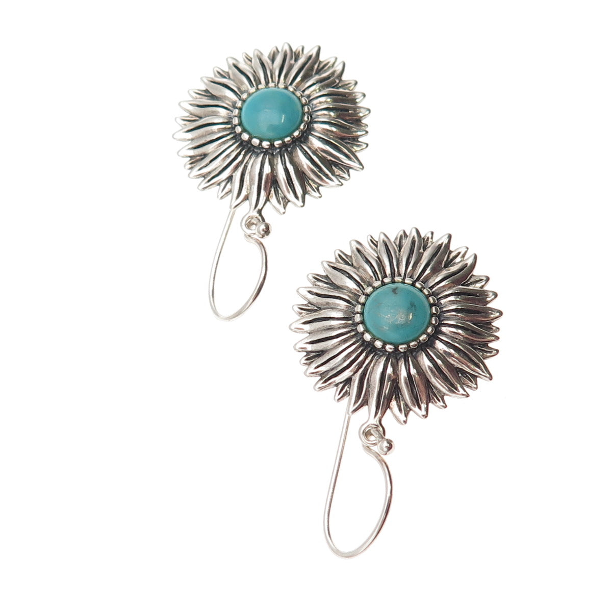 925 Sterling Silver Vintage Real Turquoise Sunflower Dangle Earrings