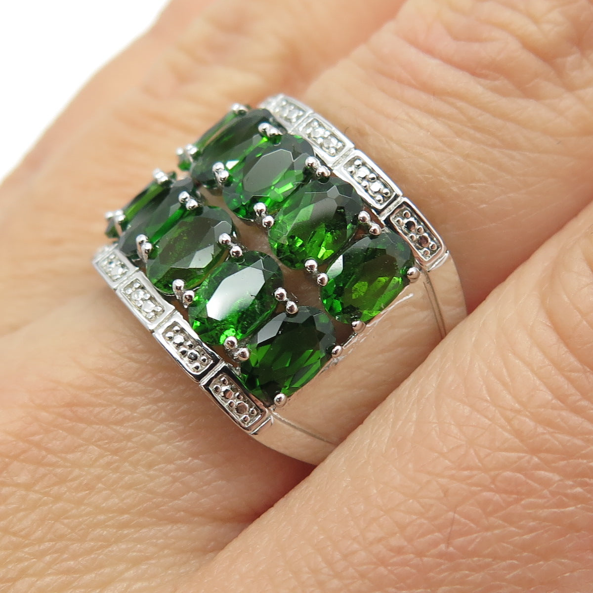 925 Sterling Silver Real Oval-Cut Chrome Diopside Cluster Ring Size 7.25