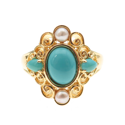 925 Sterling Silver Gold Plated Real Turquoise & Pearl Floral Ring Size 10
