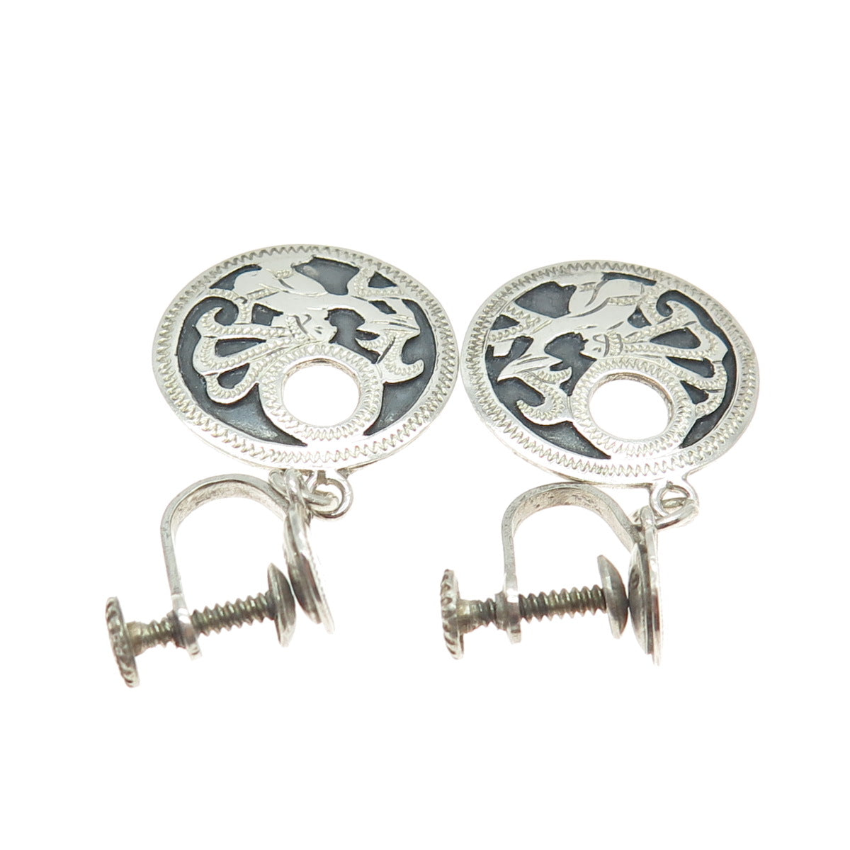 900 Silver Vintage Guatemala Tribal Warrior Oxidized Screw Back Earrings