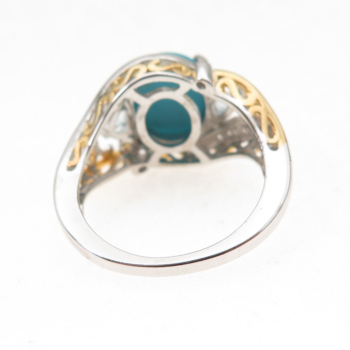 925 Sterling Silver 2-Tone Real Turquoise Blue & White Topaz Ring Size 8.25