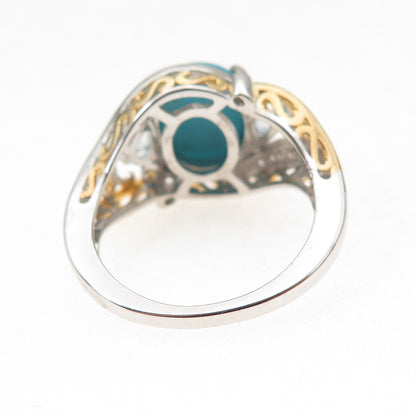 925 Sterling Silver 2-Tone Real Turquoise Blue & White Topaz Ring Size 8.25