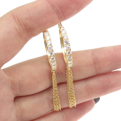 925 Sterling Silver Gold Plated Round-Cut C Z Tassel Hoop Earrings