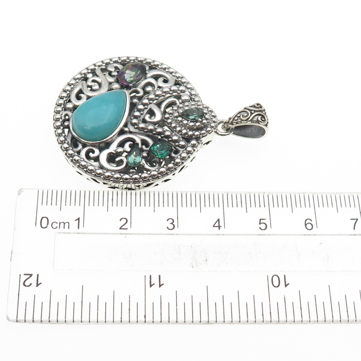 BERIA Sterling Silver Vintage Real Amazonite Mystic Quartz & Tourmaline Pendant