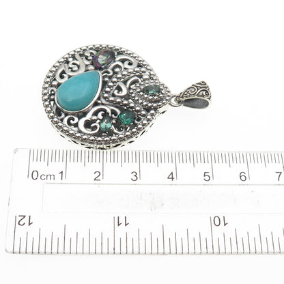 BERIA Sterling Silver Vintage Real Amazonite Mystic Quartz & Tourmaline Pendant