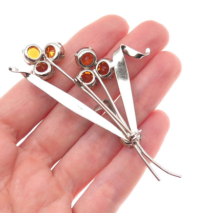 925 Sterling Silver Vintage Rhinestone Modernist Floral Pin Brooch
