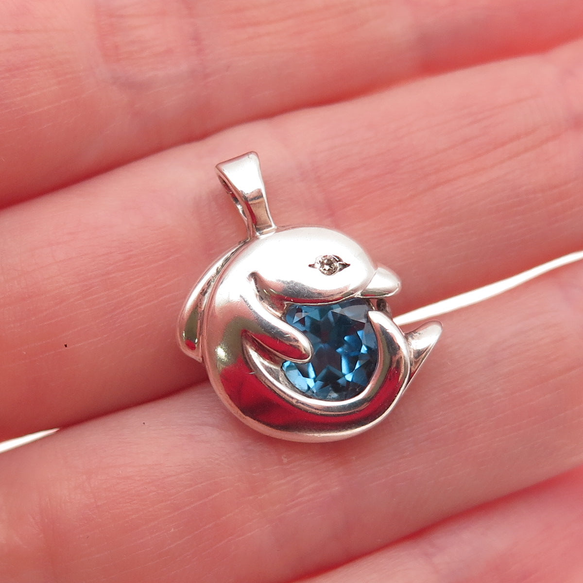 Gorham 925 Sterling Vintage Real Diamond Swiss Blue Topaz Dolphin Mini Pendant