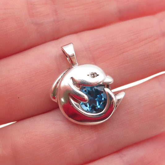 Gorham 925 Sterling Vintage Real Diamond Swiss Blue Topaz Dolphin Mini Pendant