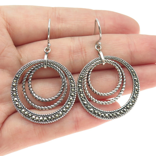 925 Sterling Silver Vintage Marcasite Crescent Circle Dangle Oxidized Earrings