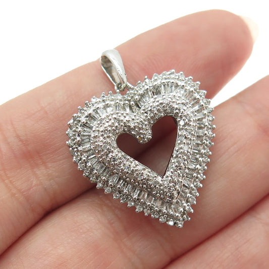 925 Sterling Silver Real Round & Tapered Baguette-Cut Diamond Heart Pendant