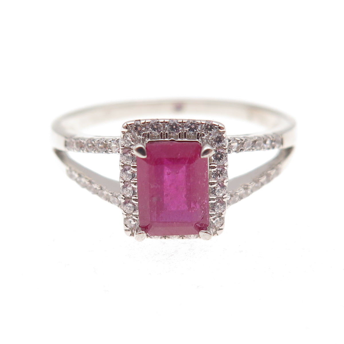 925 Sterling Silver Real Emerald-Cut Ruby & Round-Cut C Z Ring Size 9