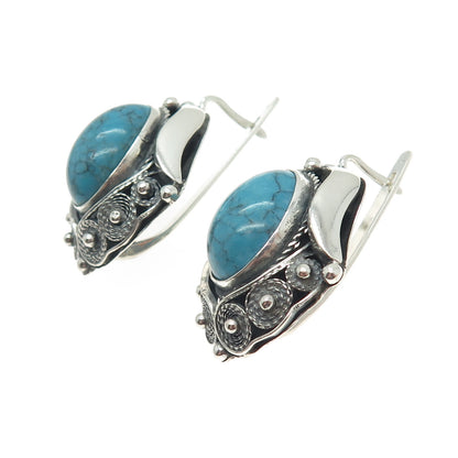 925 Sterling Silver Vintage Real Turquoise Modernist Filigree Floral Earrings