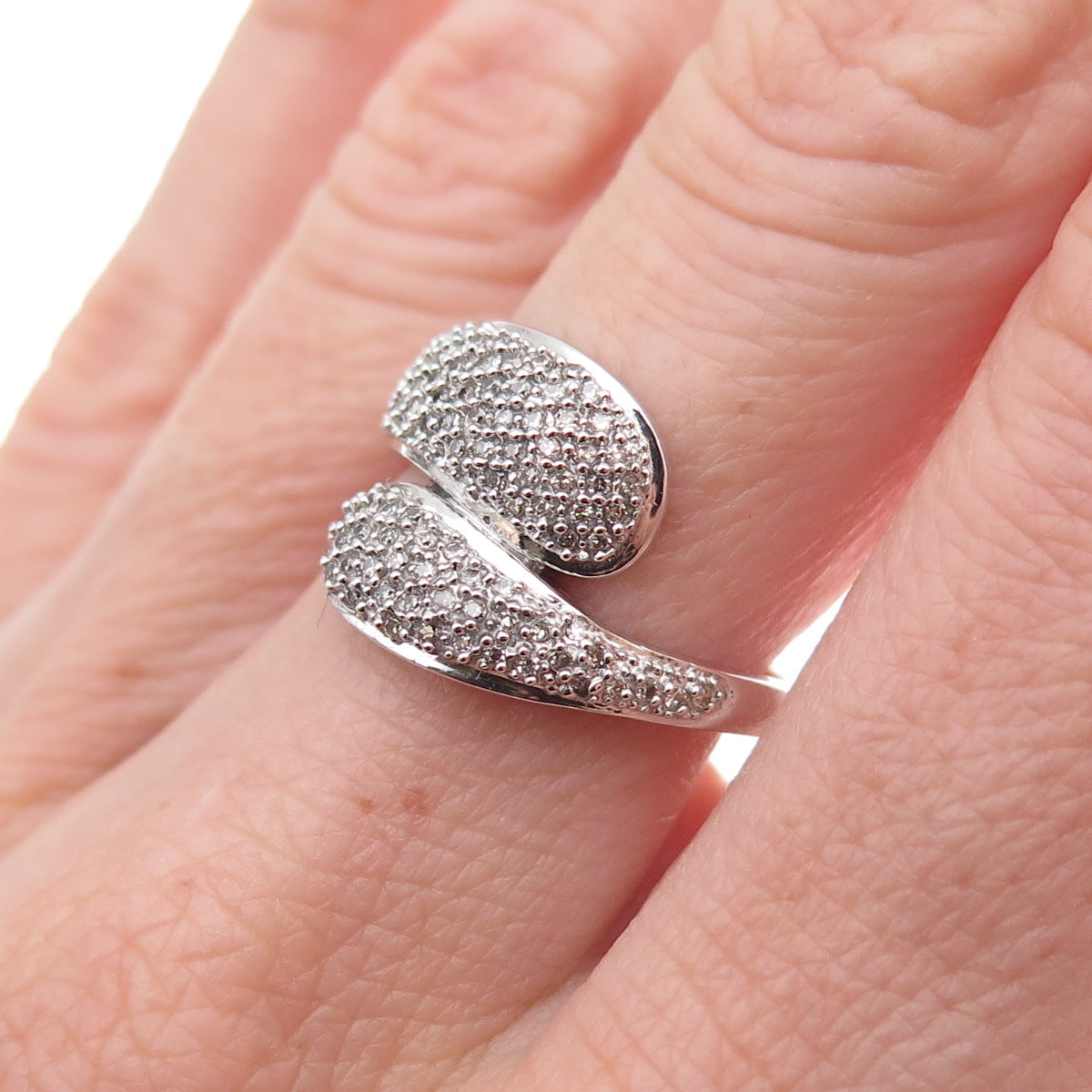 925 Sterling Silver Mexico Real Round-Cut Diamond Bypass Ring Size 7