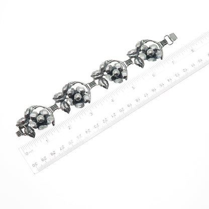 925 Sterling Silver Antique Art Deco Flower Blossom Oxidized Bracelet 7"