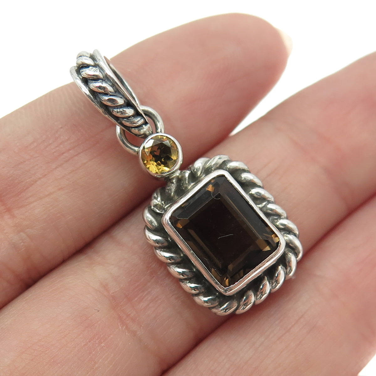 925 Sterling Silver Vintage Real Smoky Quartz & Citrine Gem Pendant