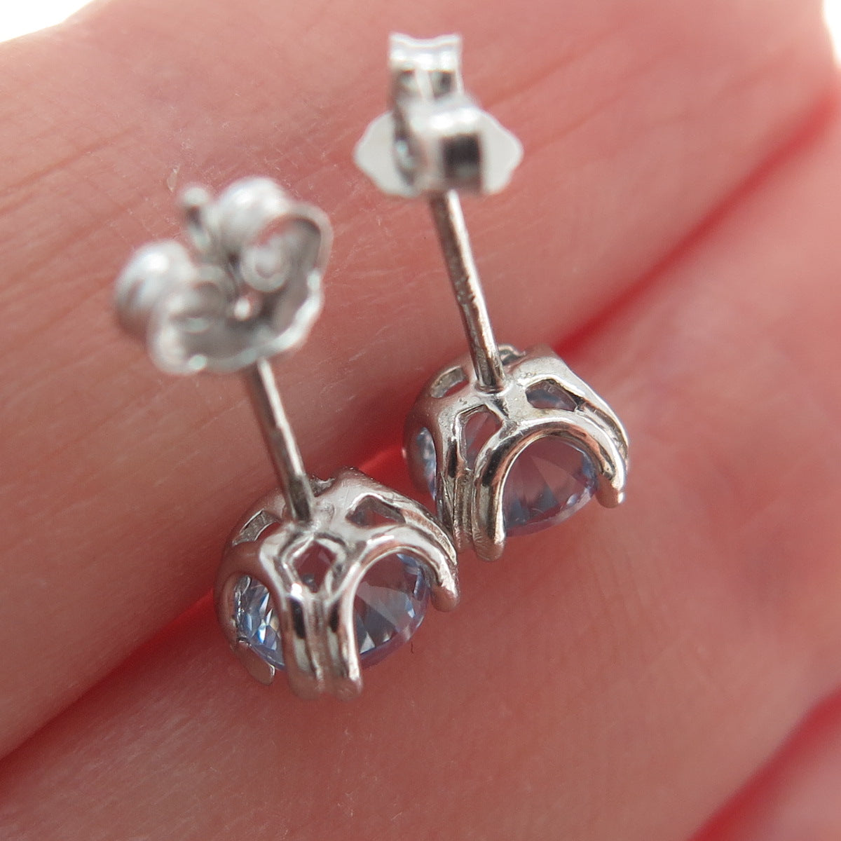 925 Sterling Silver Round-Cut Blue C Z Stud Earrings