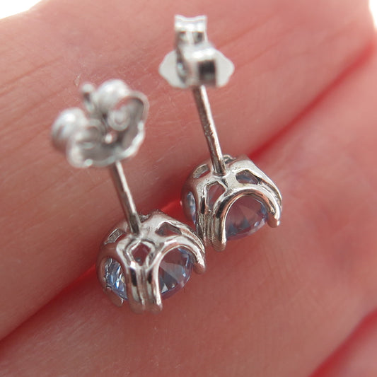 925 Sterling Silver Round-Cut Blue C Z Stud Earrings