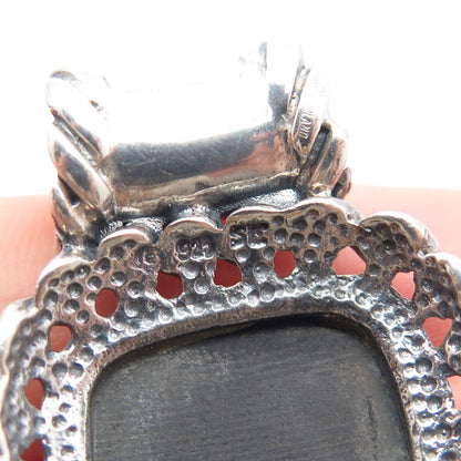 925 Sterling Silver Vintage Real Black Onyx Gemstone Ornate Pendant