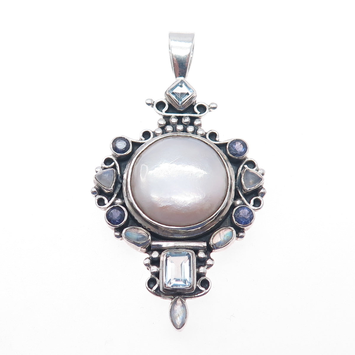 925 Sterling Silver Vintage Real Pearl Moonstone Iolite & Blue Topaz Pendant