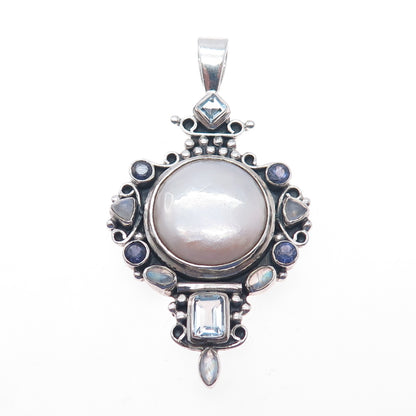 925 Sterling Silver Vintage Real Pearl Moonstone Iolite & Blue Topaz Pendant