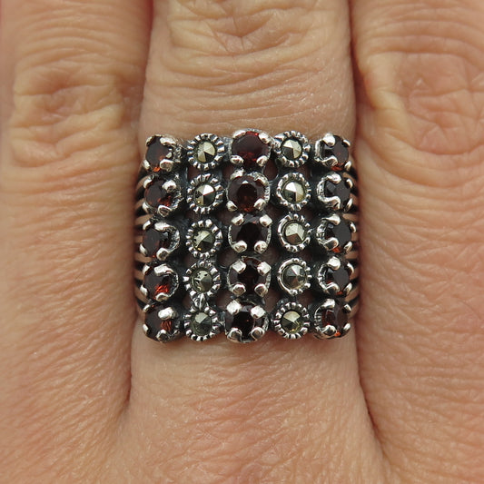 925 Sterling Silver Vintage Real Red Garnet & Marcasite Cluster Ring Size 8.75