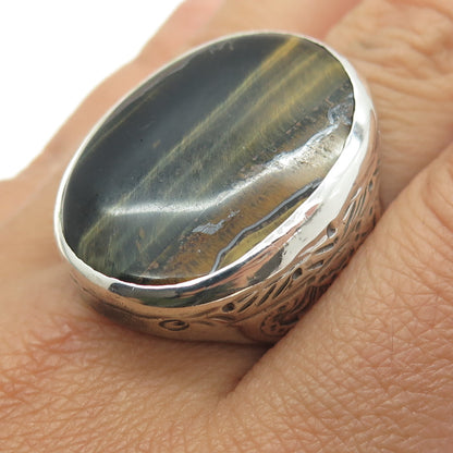 925 Sterling Silver Vintage Real Tiger Eye Engraved Statement Ring Size 10.25