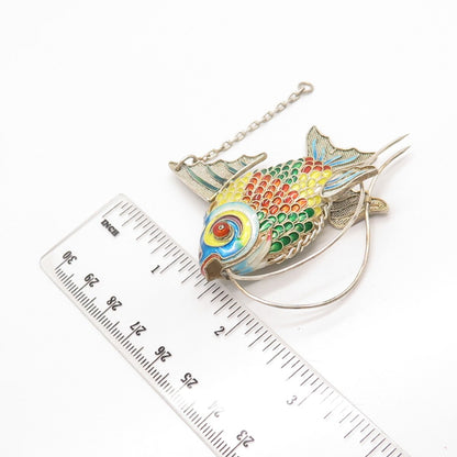 925 Sterling Silver Antique Enamel Articulated Chinese Koi Fish Chatelaine Fob