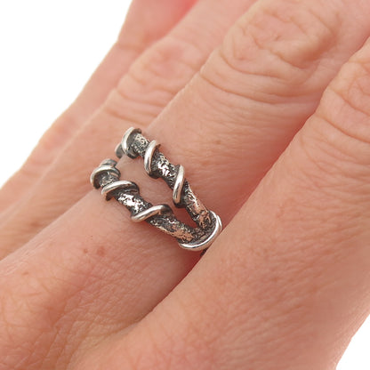 925 Sterling Silver Vintage Modernist Crisscross Oxidized Ring Size 7