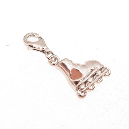 925 Sterling Silver Vintage Enamel Heart Roller Skate Lobster Lock Charm Pendant