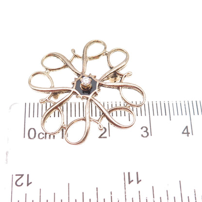 925 Sterling Gold Plated Antique Real Diamond & Black Onyx Floral Pin Brooch