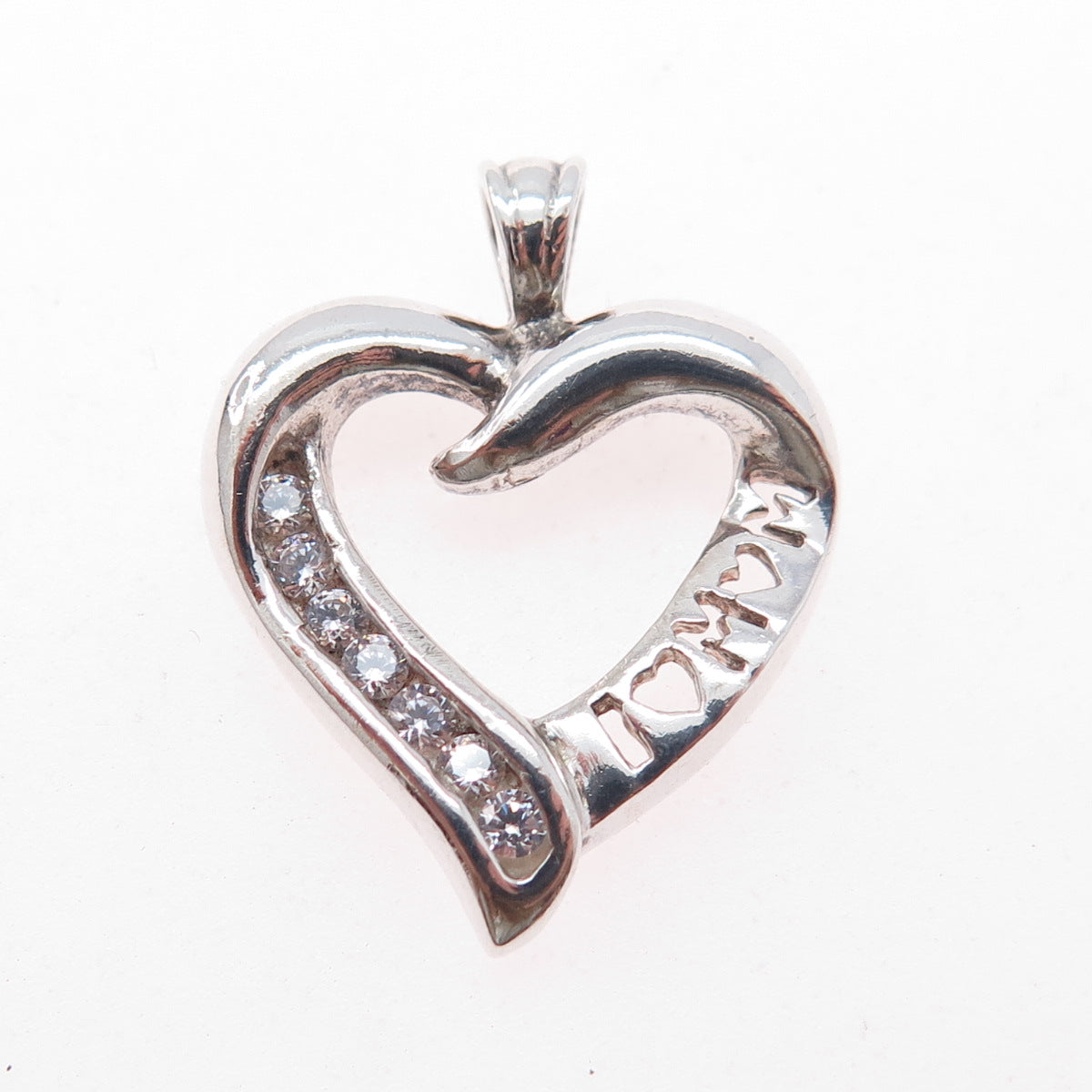 925 Sterling Silver Round-Cut C Z Mom Heart Charm Pendant