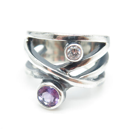 925 Sterling Silver Vintage Real Amethyst & C Z Modernist Ring Size 6.25