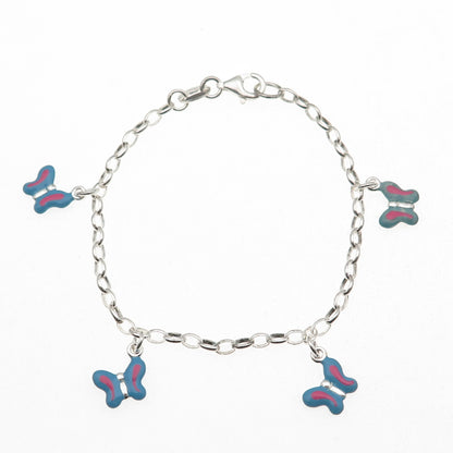 925 Sterling Silver Enamel Butterfly Dangle Charm Oval Link Bracelet 6"
