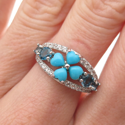 925 Sterling Silver Real Turquoise London Blue & White Topaz Ring Size 8.25