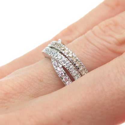 925 Sterling Silver Round-Cut Champagne White & Pink C Z Crisscross Ring Size 6