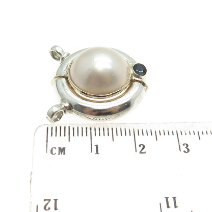 14K Gold Sterling Silver Vintage Pearl & Sapphire Modernist Centerpiece Pendant